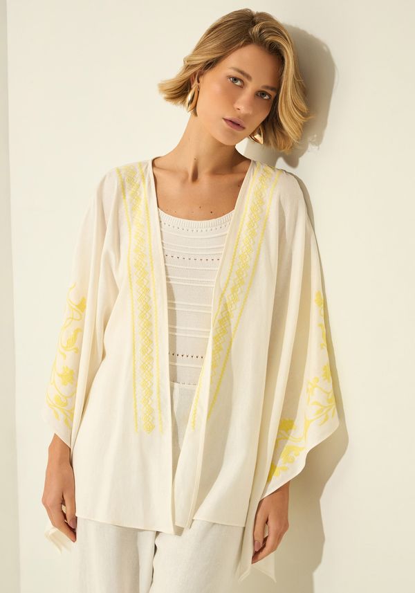 Kaftan De Mangas Curtas Bordado Com Linho BRANCO OFF WHITE M