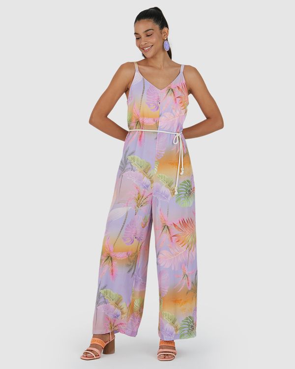 Macacão Feminino Estampado Cinto Cordão Em Viscose Roxo - M