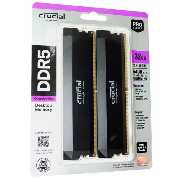 Memória Ram Ddr5 32gb 6400mhz Cp2k16g64c38u5b Preto Crucial Basics para Alto Desempenho Memória Ram Ddr5 32gb 6400mhz Cp2k16g64c38u5b Preto Crucial Basics para Pc e Notebook