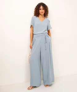 calça wide leg texturizada azul 44