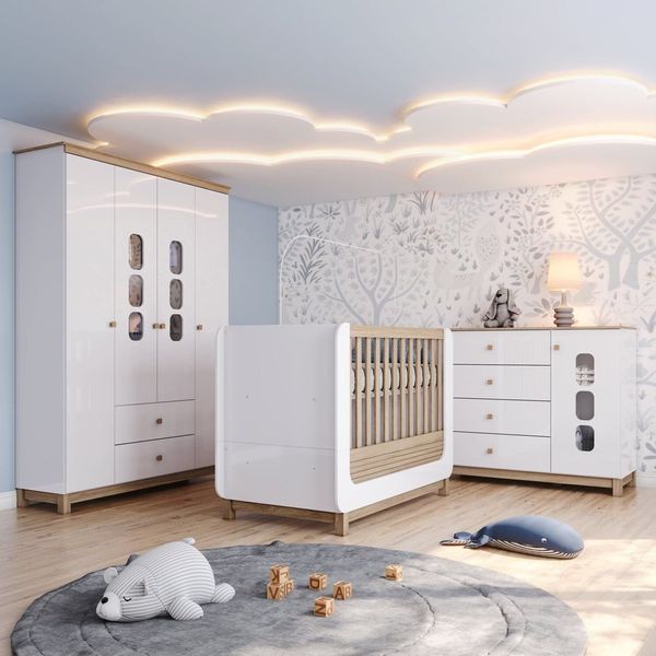 Conjunto Quarto de Bebê Berço 2 em 1, Guarda-roupa e Cômoda Sophia Espresso Móveis Branco e Jequitiba