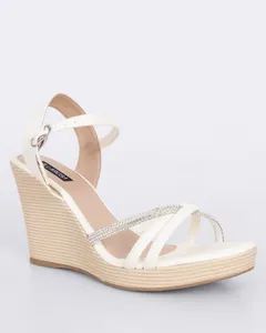 Sandália Feminina Anabela Espadrille Strass Com Fivela Off White 39