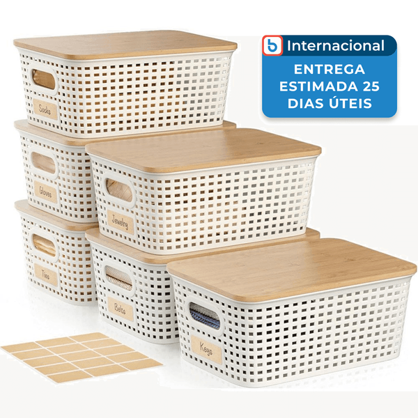 Conjunto de Caixas Organizadoras 6 Unidades Viphope com Tampa de Bambu Branco Creme A-MBI