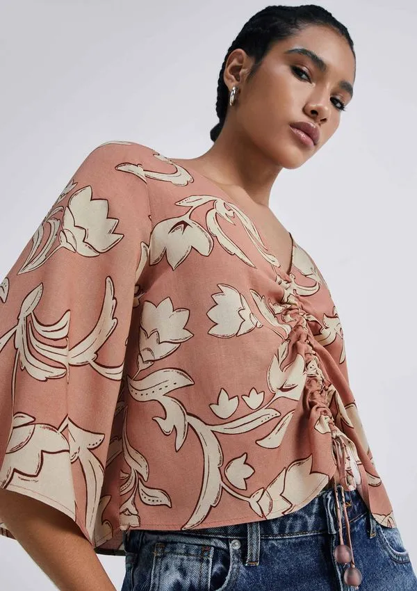 Blusa Feminina Estampada Com Franzidos Em Viscolinho - Marsala P
