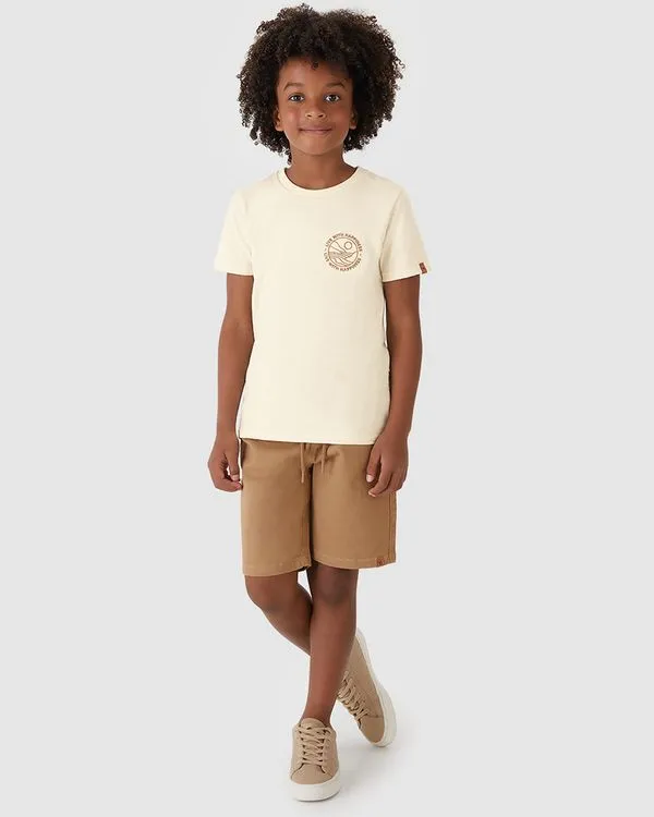 Conjunto Menino Camiseta Bordado Frontal Malha Linho Texturizada - Carinhoso Off White - 16