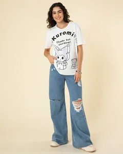Calça Jeans Feminina Wide Leg Destroyed Azul 46