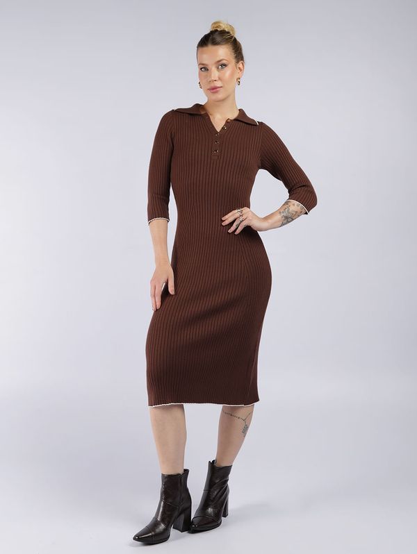 Vestido Modal Manga 3/4 Feminino MARROM/MARROM/OFF WHITE P