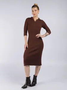 Vestido Modal Manga 3/4 Feminino MARROM/MARROM/OFF WHITE P