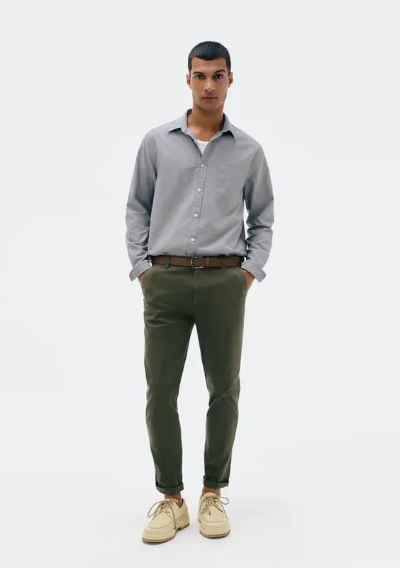 Calça Básica Masculina Chino Slim Em Sarja Com Elastano - Verde 042