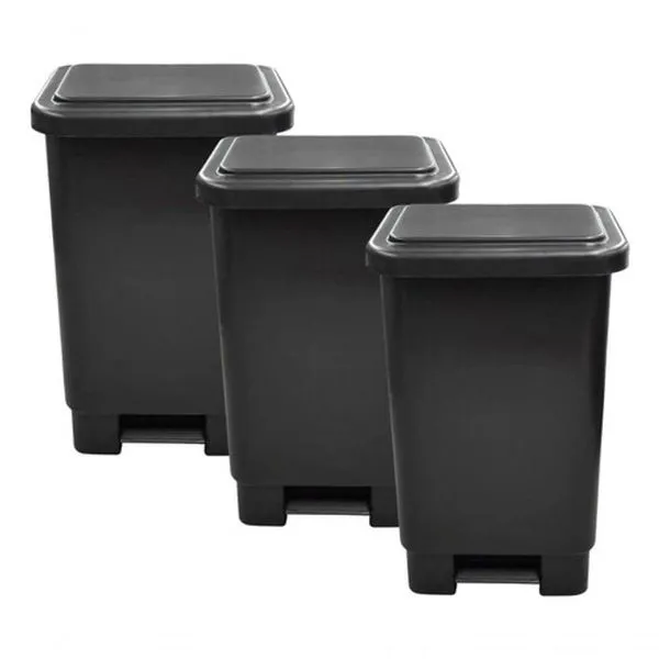 Kit 3 Lixeiras Retangulares 50L Polipropileno com Tampa e Pedal Preto