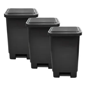 Kit 3 Lixeiras Retangulares 50L Polipropileno com Tampa e Pedal Preto
