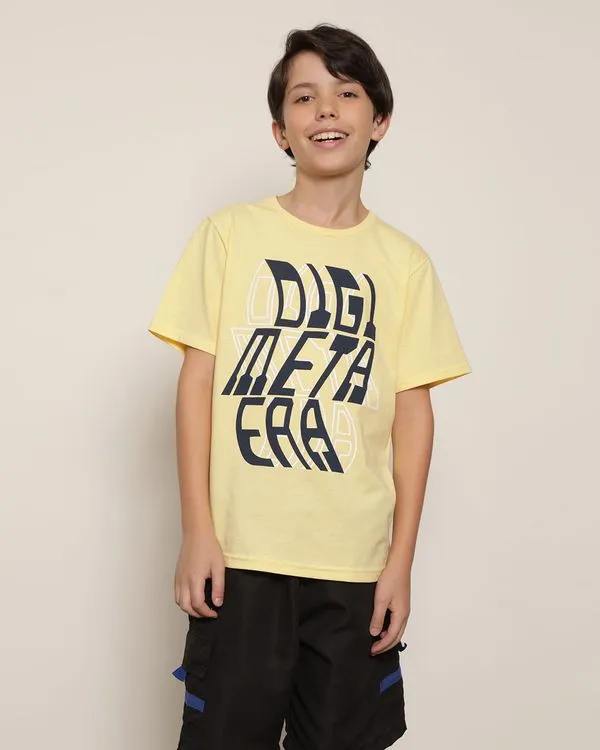 Camiseta Juvenil Menino com Estampa Frente Manga Curta Gola Careca Amarela 14