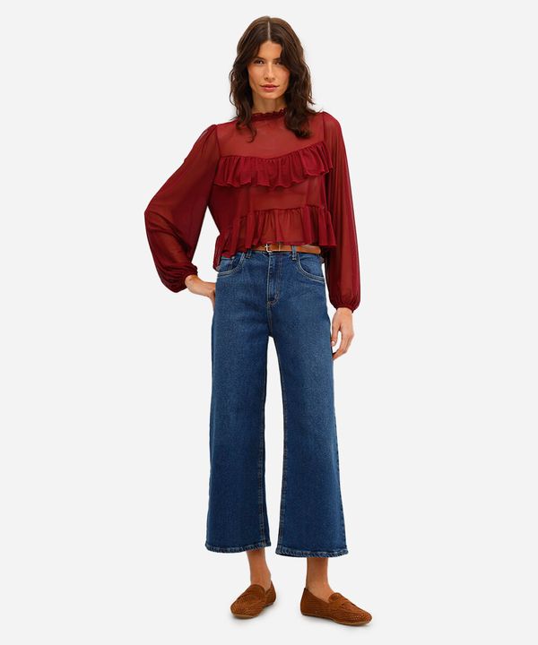 calça jeans wide leg cropped cintura alta com cinto azul 34