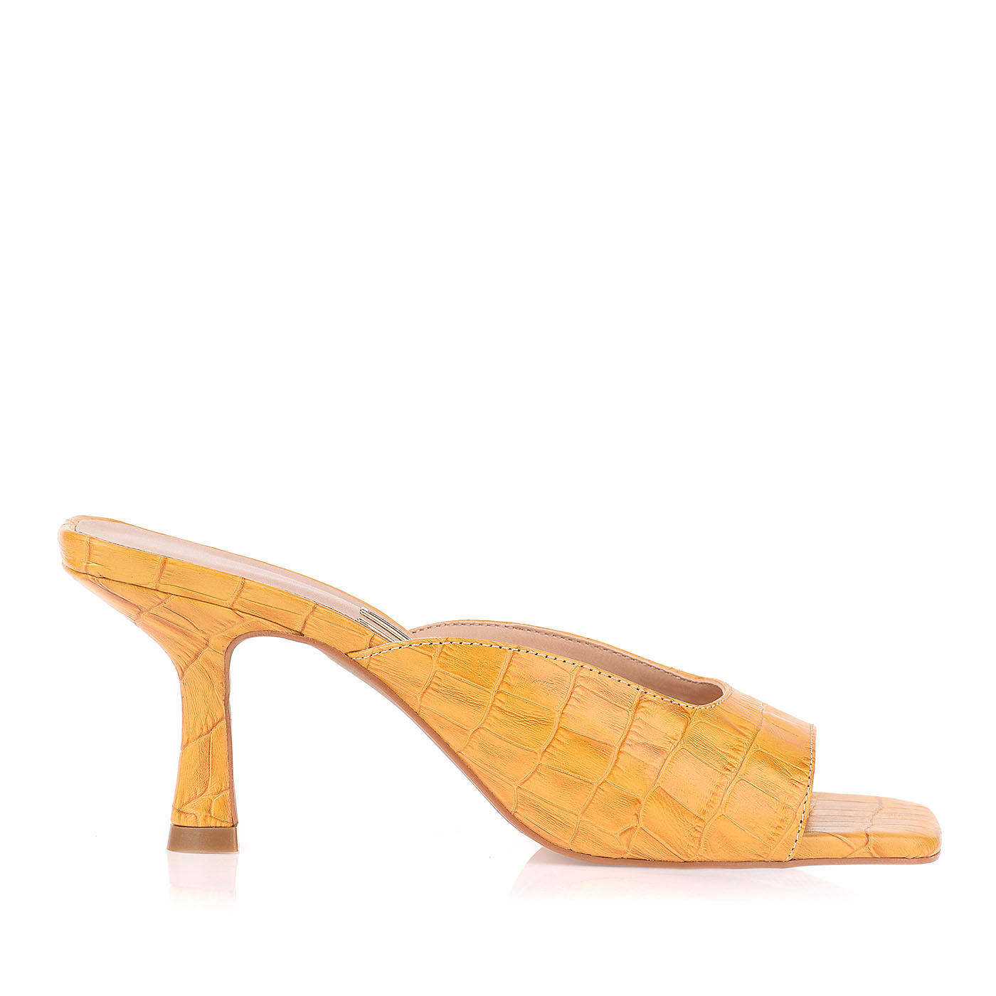 Sandália Salto Médio Croco Mustard
