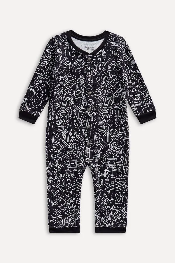 Macacao Ml Bb Moletom Estampa Doodles Preto - 1