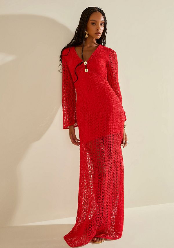 Vestido Morena Rosa Solto Decote V Manga Longa Longo Vermelho G