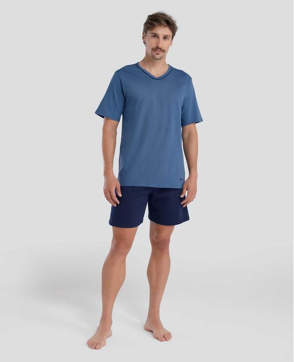 Pijama Curto Algodão Gola V Azul Jeans Escuro M