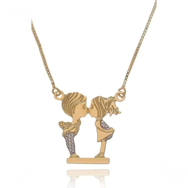Colar Floratta Joias Personalizado Casal Se Beijando com Detalhes em Ródio Banhado em Ouro 18k Dourado Colar Floratta Joias Personalizado Casal Se Beijando com Detalhes em Ródio Banhado em Ouro 18k