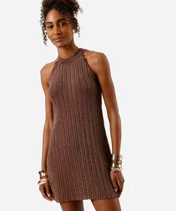 vestido curto feminino halterneck com lurex canelado marrom G