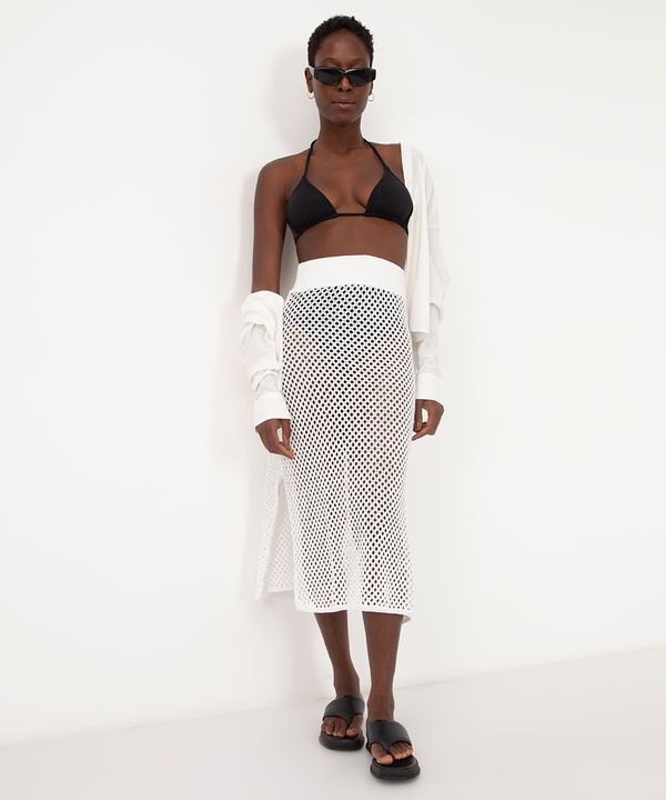 saia midi de tricot vazado com cós elástico branco M