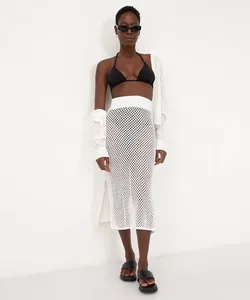 saia midi de tricot vazado com cós elástico branco PP