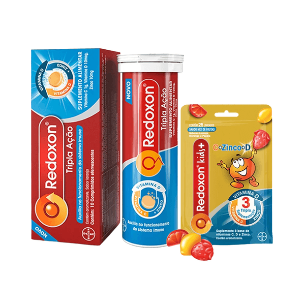 Kit Redoxon Tripla Ação Sabor Laranja 10 Comprimidos + Redoxitos+ Vitaminas C, D e Zinco Sabor Mix de Frutas 25 Gomas Mastigáveis