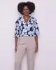 Camisa Feminina Manga Curta Cropped Viscose Floral Azul G