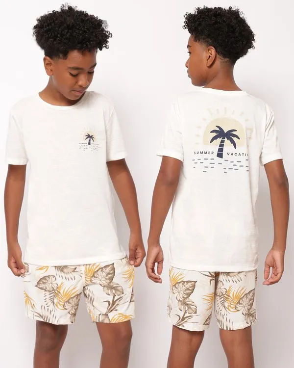 Camiseta Juvenil Texturizada Estampa Tropical Frente e Costas Off White 14
