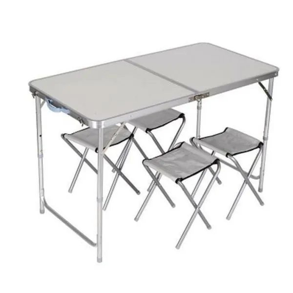 Mesa Maleta Dobrável em Alumínio com 4 Cadeiras Portátil 120x60cm Altura Ajustável Branco para Camping Yeet Mesa Maleta Dobrável em Alumínio com 4 Cadeiras Portátil 120x60cm Branco Yeet