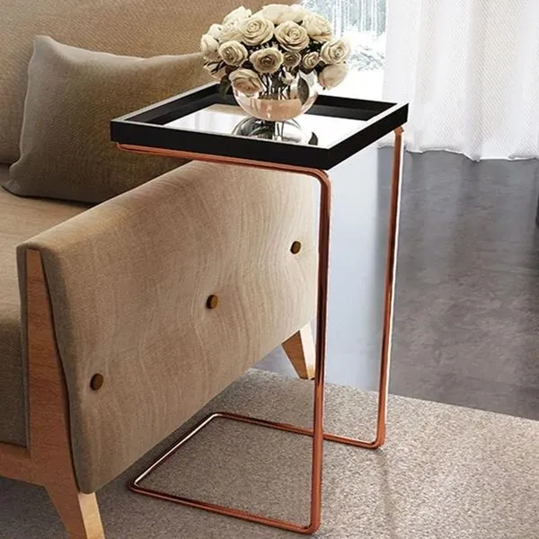 Mesa De Apoio Para Sofa Bandeja Espelhada Laca Preta Base Bronze Preto