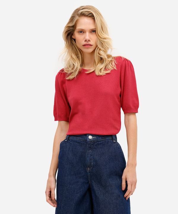 blusa feminina de tricot manga bufante rosa G