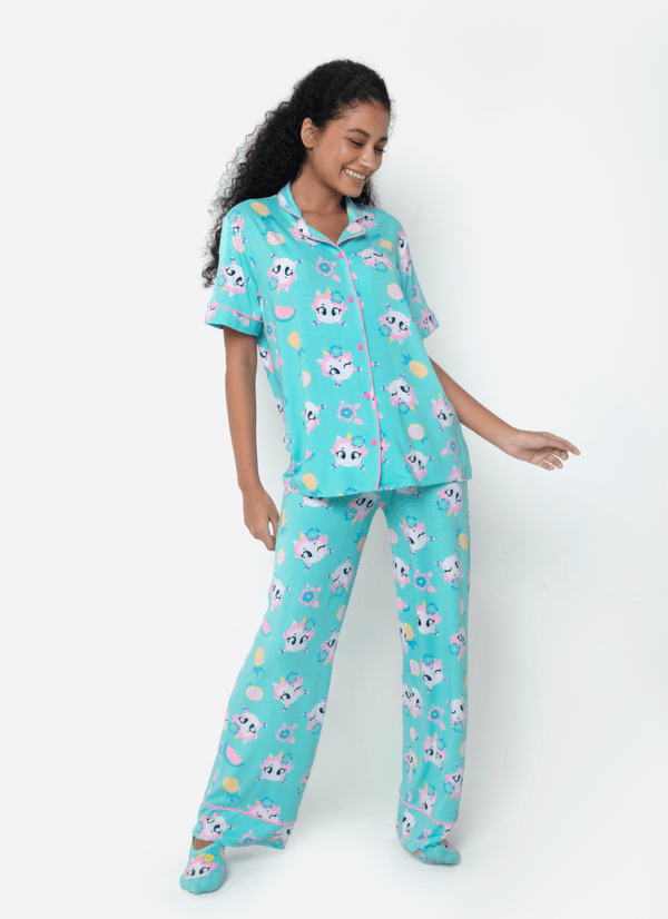 Pijama Manga Curta Viscolycra Adulto Feminino Unicórnio Aloha P