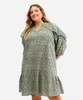 vestido feminino de viscose estampado com babados plus size verde GG