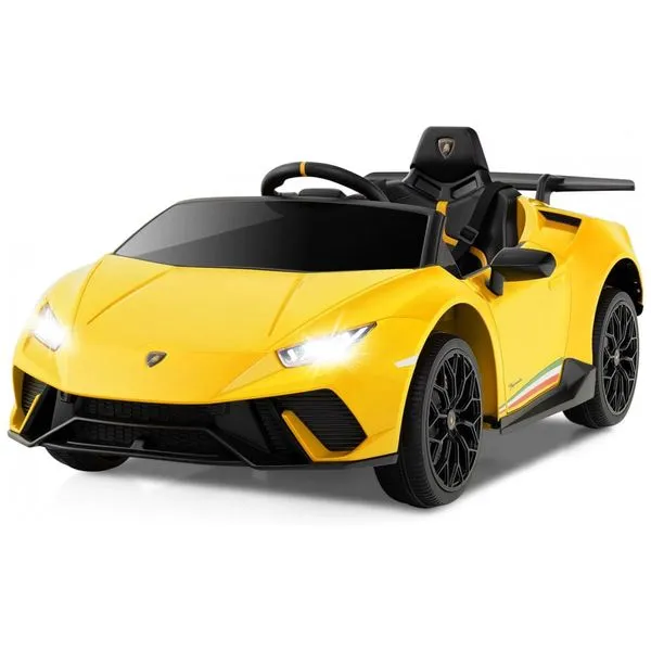 Carro Elétrico Infantil Licenciado Lamborghini Huracan OLAKIDS Amarelo 12V com Controle Remoto, 2 Velocidades, Suspensão, Bluetooth e USB
