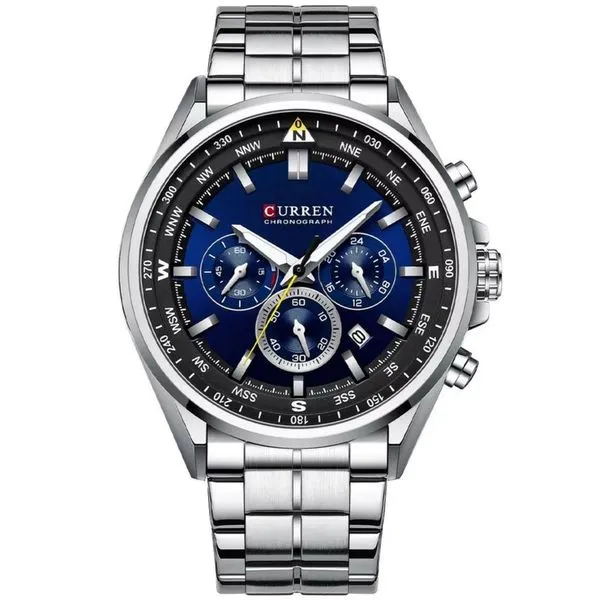 Relógio De Pulso Masculino Aço Inoxidável De Quartzo Casual Esportivo Azul Prata