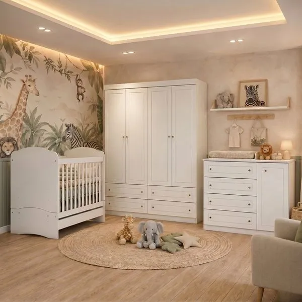Quarto Completo de Bebê com Berço 3 em 1 Guarda-Roupa 4 Portas e Cômoda Savana Yescasa Branco