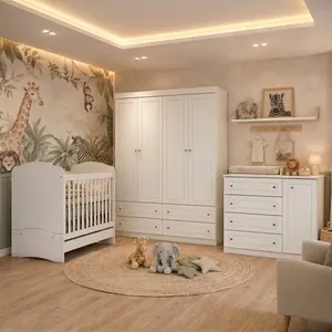Quarto Completo de Bebê com Berço 3 em 1 Guarda-Roupa 4 Portas e Cômoda Savana Yescasa Branco