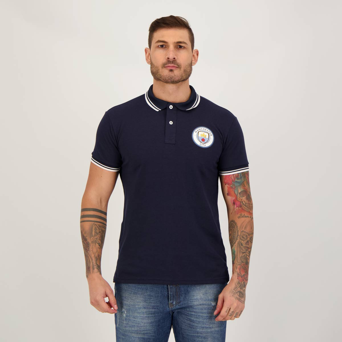 Polo Manchester City Piquet Marinho e Branca