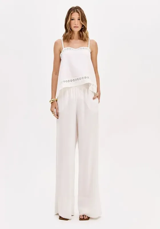 Calça Wide Leg Cintura Média Com Linho Branco P