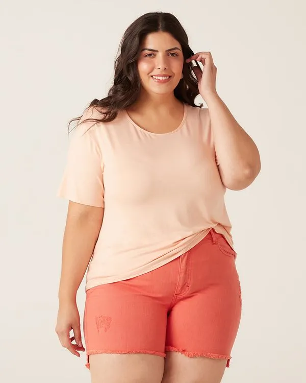 Blusa Básica Feminina Plus Size Decote Redondo Em Viscolinho Stretch Laranja Claro - G3