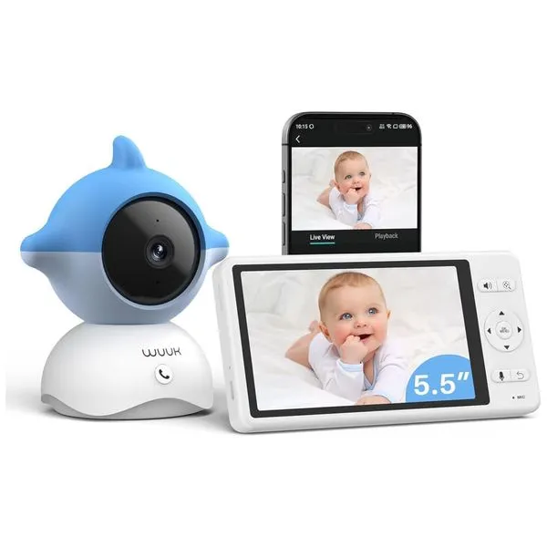 Babá Eletrônica com Câmera 2K, Monitor de Tela Colorida, 360 Graus de Visão, Ruído Branco e Canções, WUUK, Branca e Azul 110v