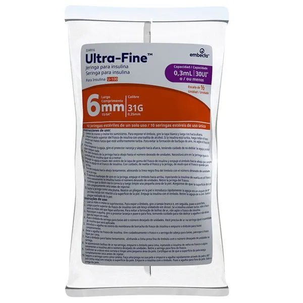 Seringa para insulina Ultra-fine 6mm 30UI bag 10 Unidades