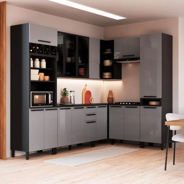 Cozinha Modulada Completa Fidelitá Mônaco 8 Peças 469cm 16 Portas 2 Gavetas Com Tampo Chumbo/titânio