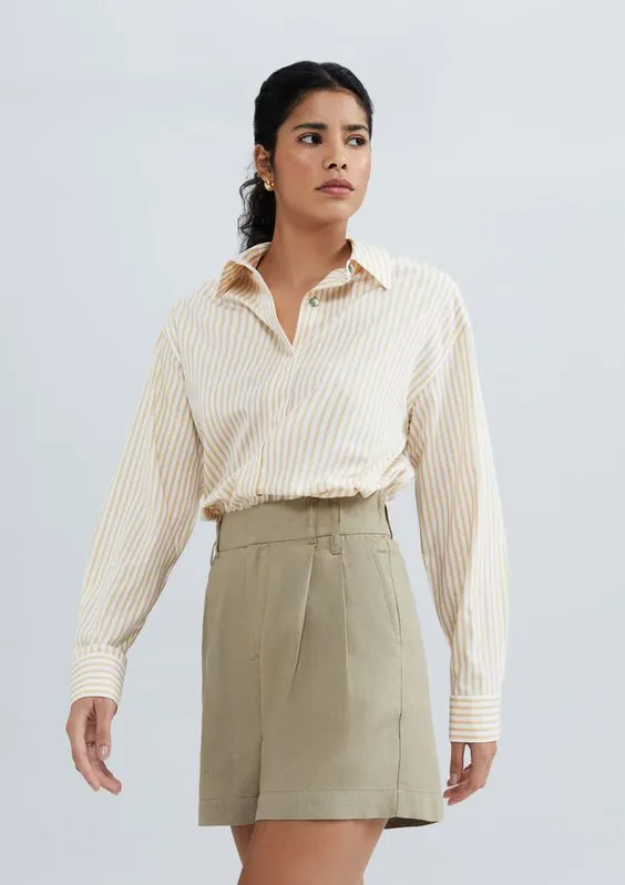 Shorts Feminino De Alfaiataria Em Linho - Caqui 048