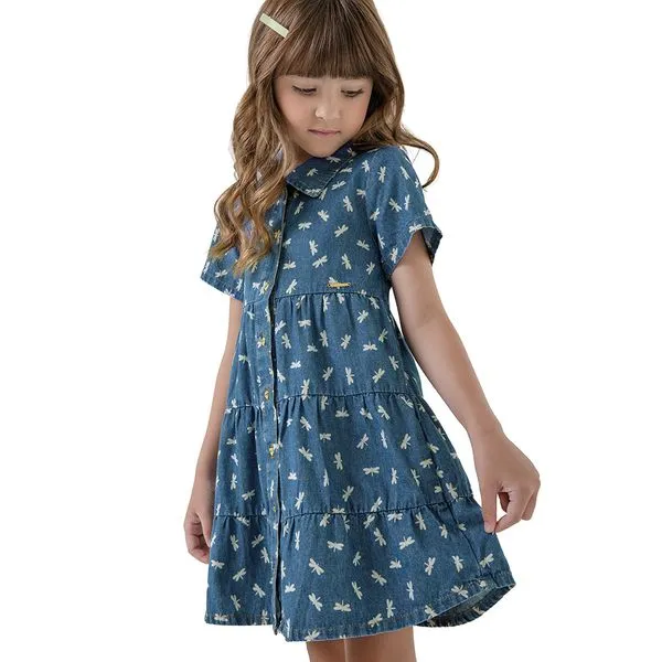 Vestido Menina Estampa Libélula Em Jeans Leve Carinhoso Azul - 8