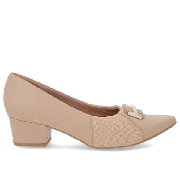 Scarpin Bico Fino Couro Bege Detalhe Tecido 33