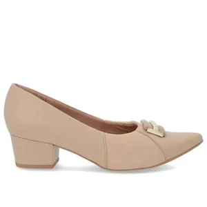 Scarpin Bico Fino Couro Bege Detalhe Tecido 38
