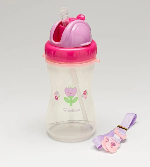Garrafa com Canudo e Alça Flor Rosa 340ml Twibex Rosa