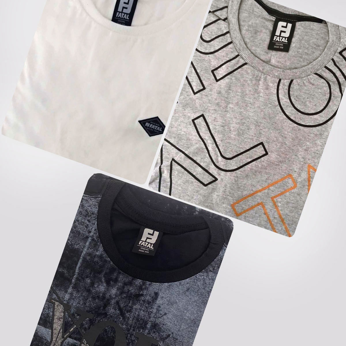 Kit de 3 Camisetas Fatal Motion Cinza Preto e Branco