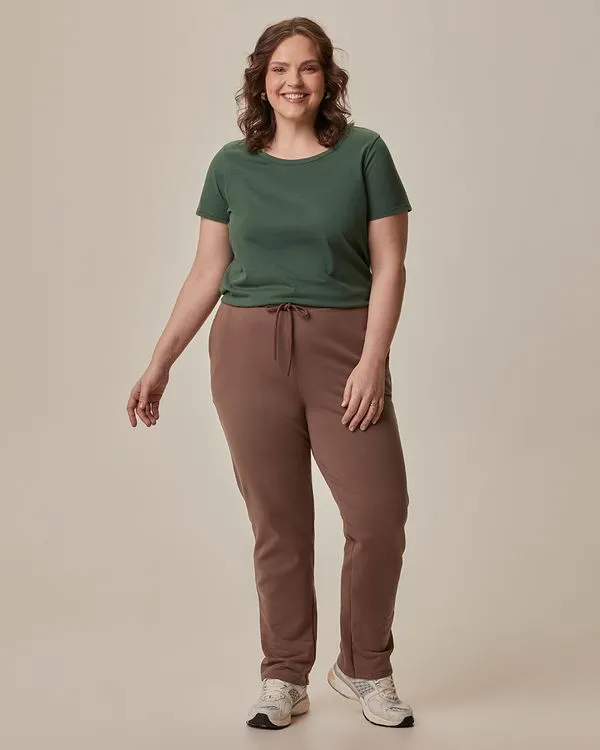 Calça Básica Feminina Plus Size Em Moletom Stretch Flanelado Marrom - G3